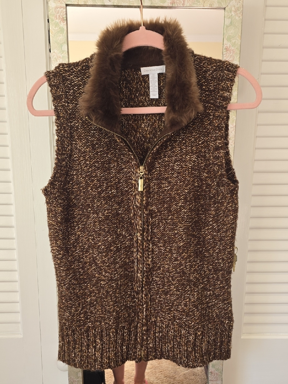 Charter Club Brown Marled Knit Vest with Faux Fur Trim